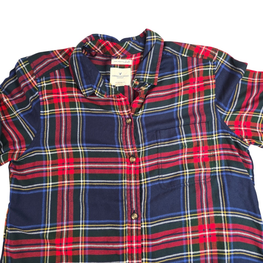 American Eagle Boyfriend Fit Plaid Flannel Shirt Navy Red Green Large